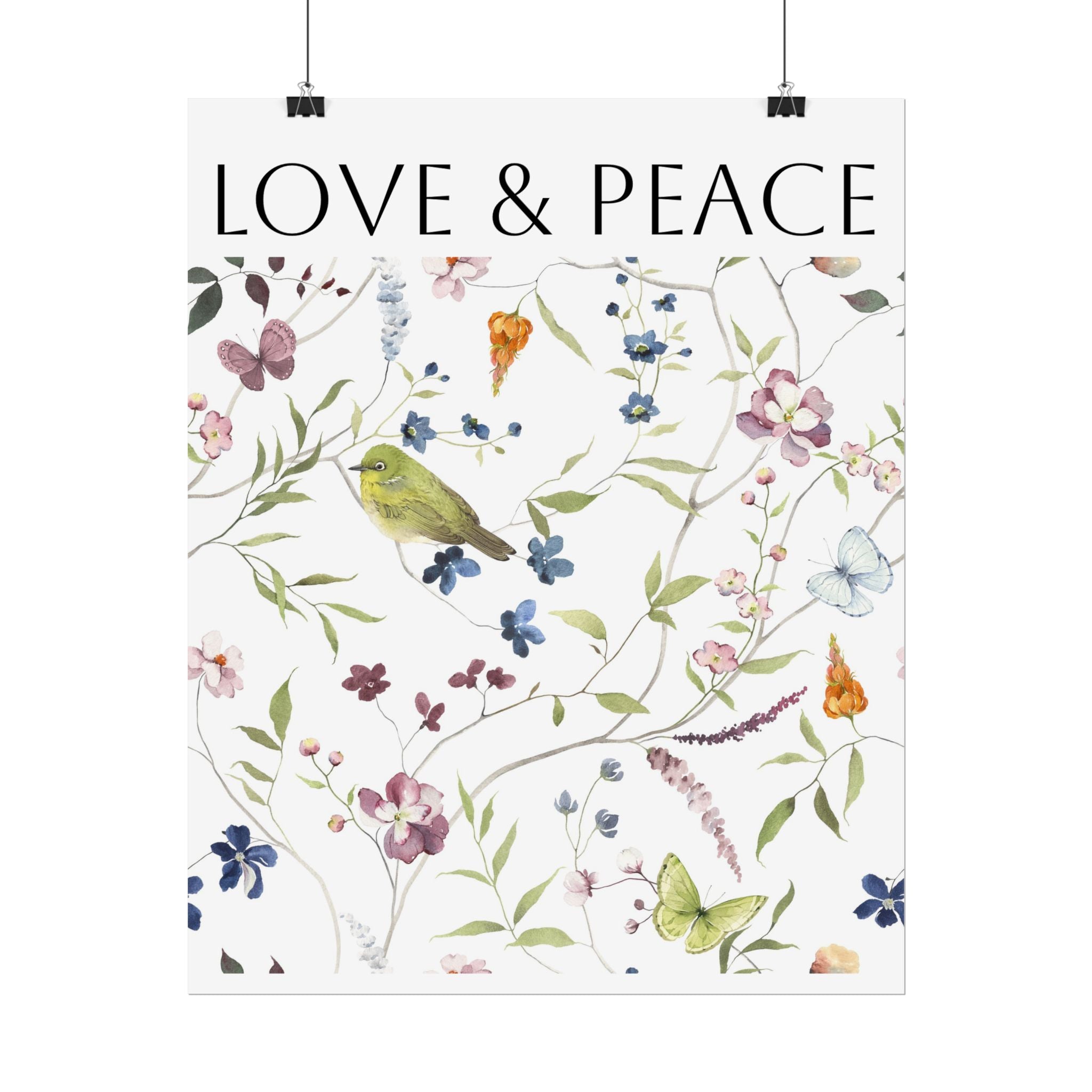Love & Peace Floral Poster — Botanical Bird Wall Art (Rolled Poster)