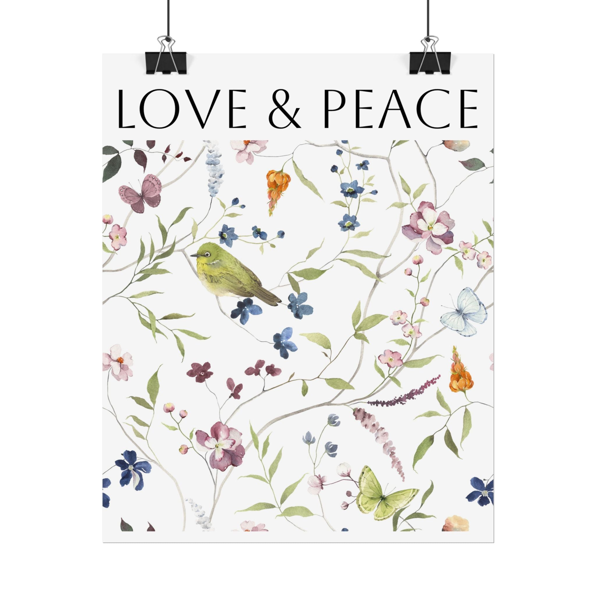 Love & Peace Floral Poster — Botanical Bird Wall Art (Rolled Poster)