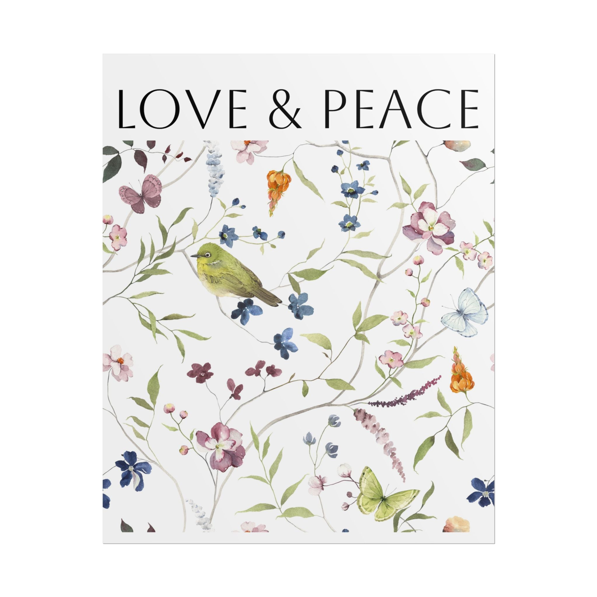 Love & Peace Floral Poster — Botanical Bird Wall Art (Rolled Poster)