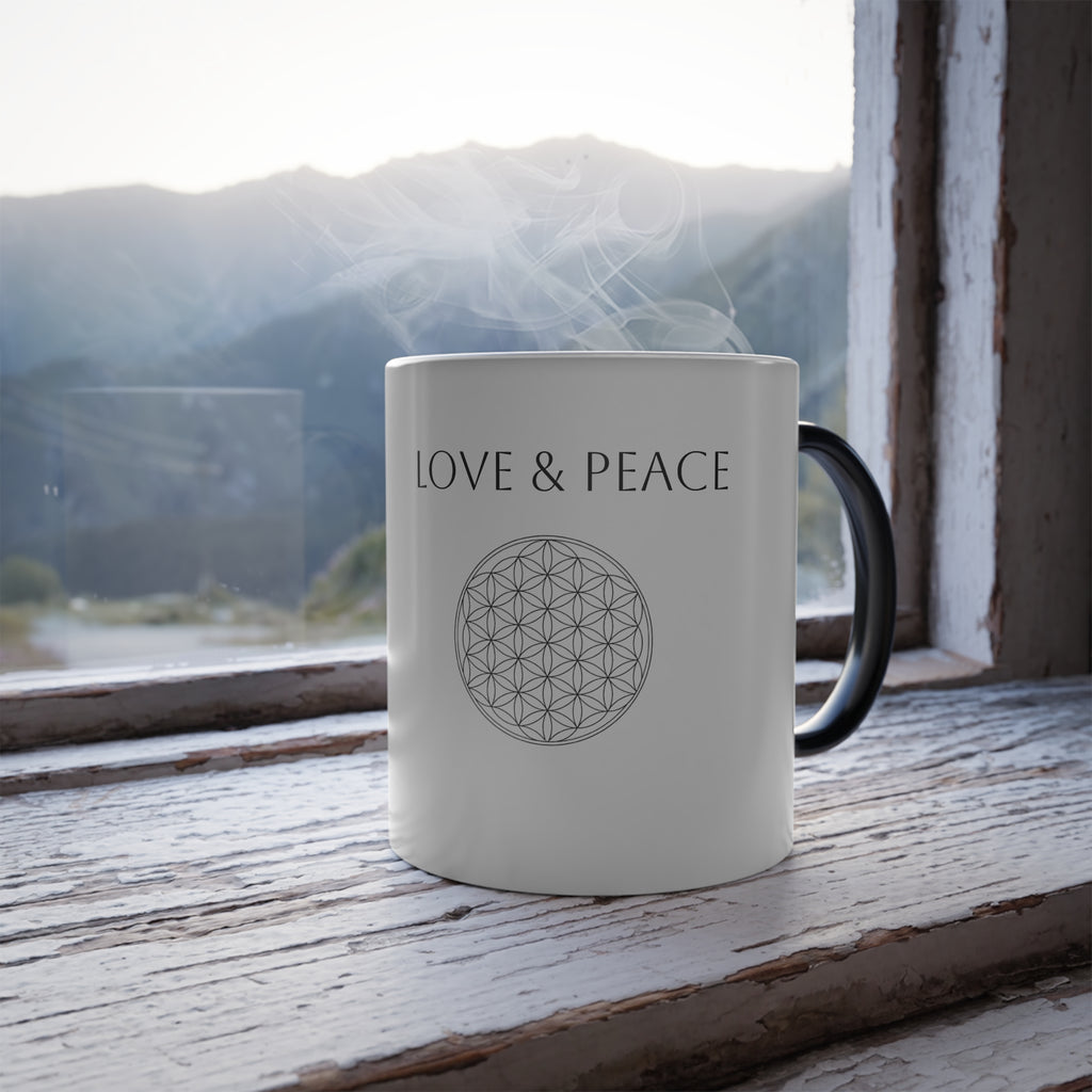 Color-Changing Mug — "Love & Peace" with Flower of Life Design