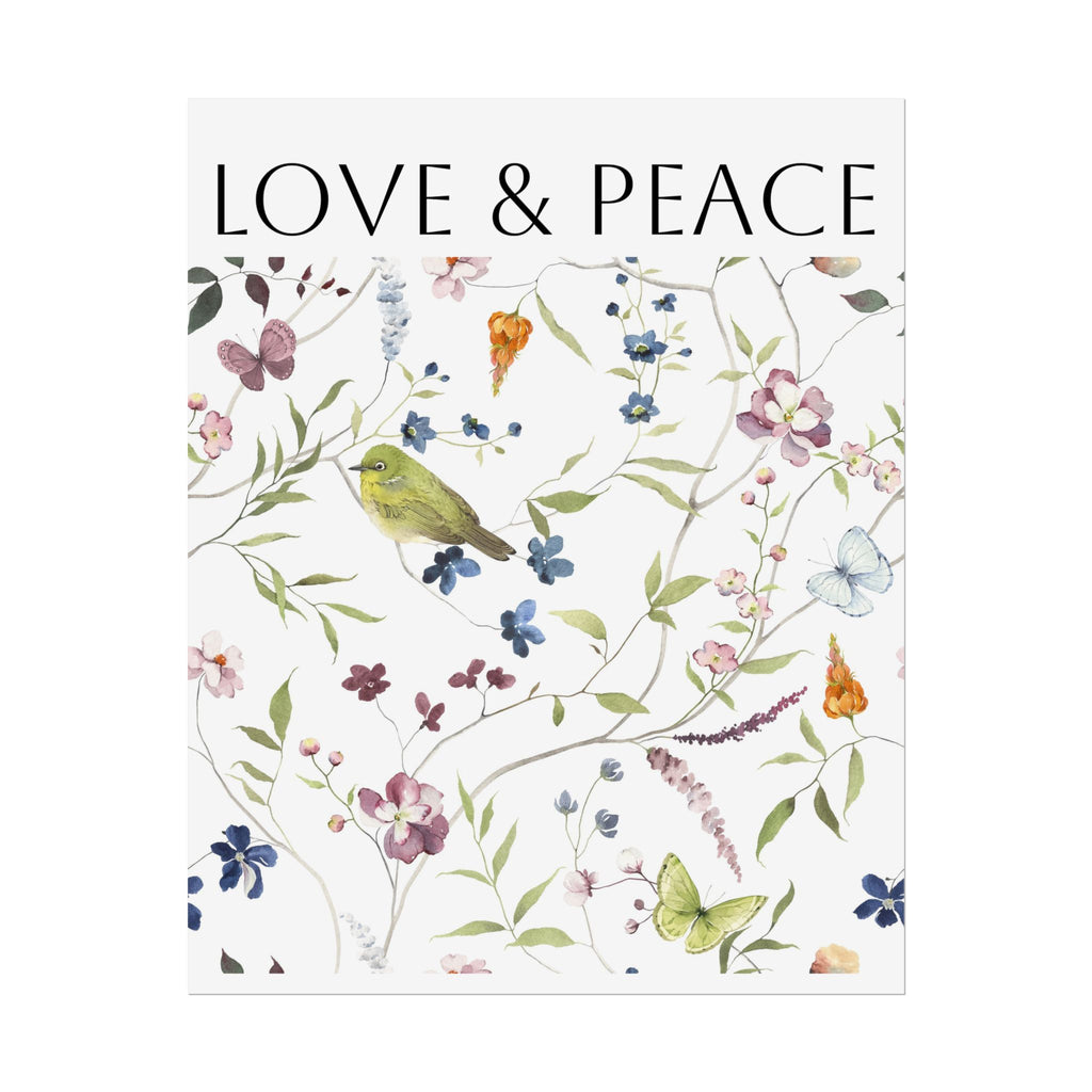 Love & Peace Floral Poster — Botanical Bird Wall Art (Rolled Poster)