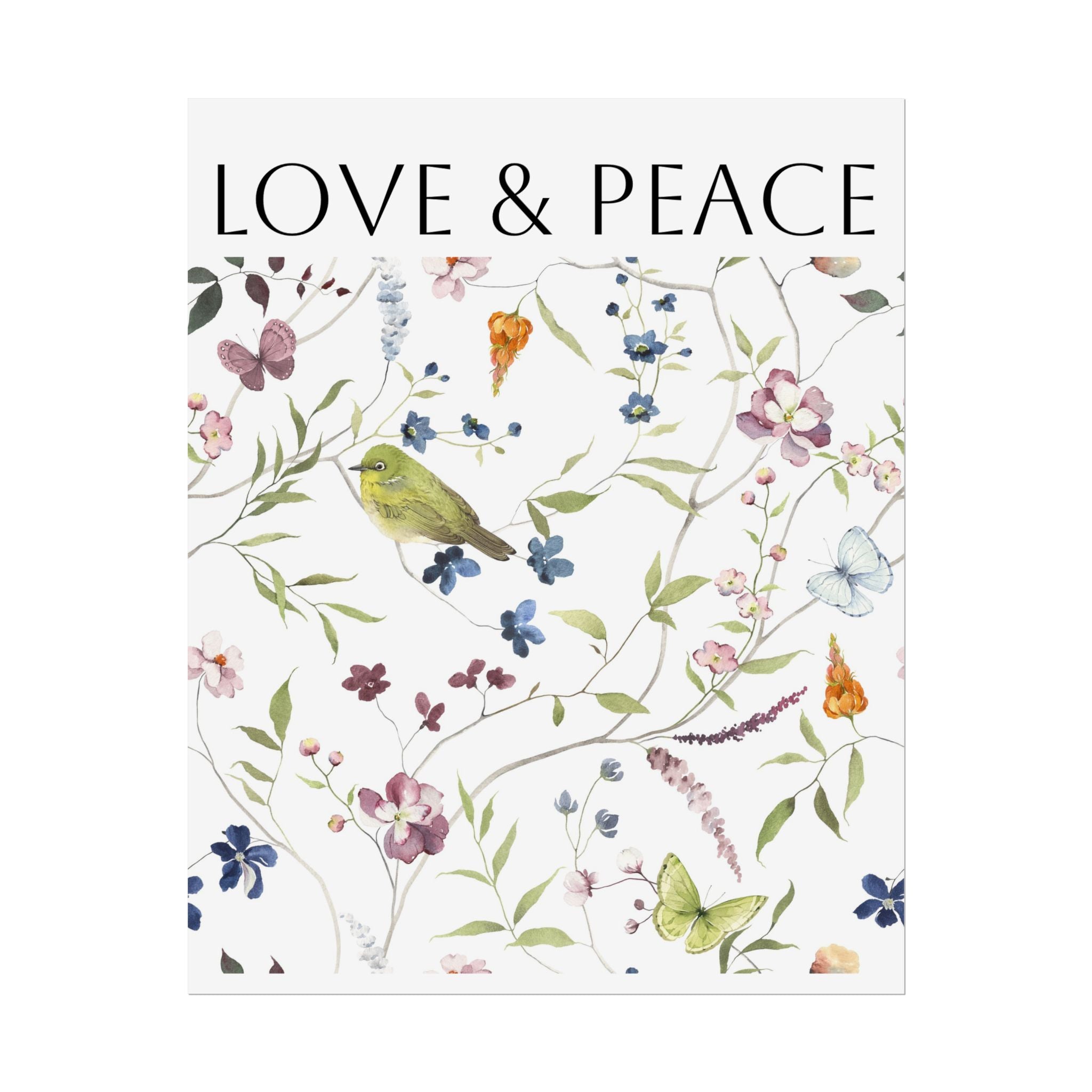 Love & Peace Floral Poster — Botanical Bird Wall Art (Rolled Poster)