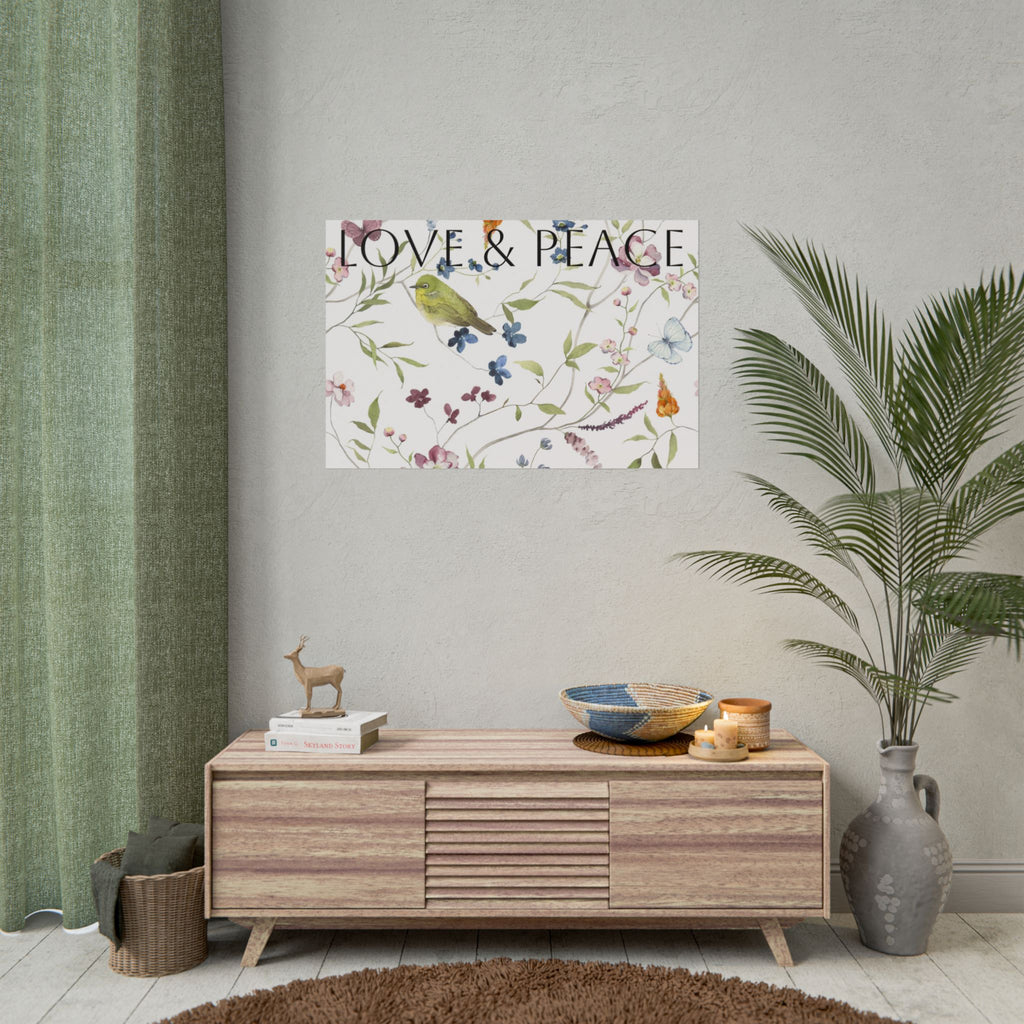 Love & Peace Floral Poster — Botanical Bird Wall Art (Rolled Poster)