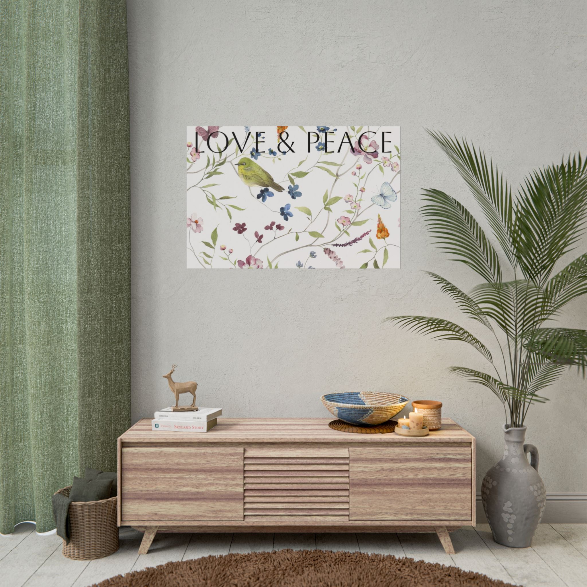 Love & Peace Floral Poster — Botanical Bird Wall Art (Rolled Poster)