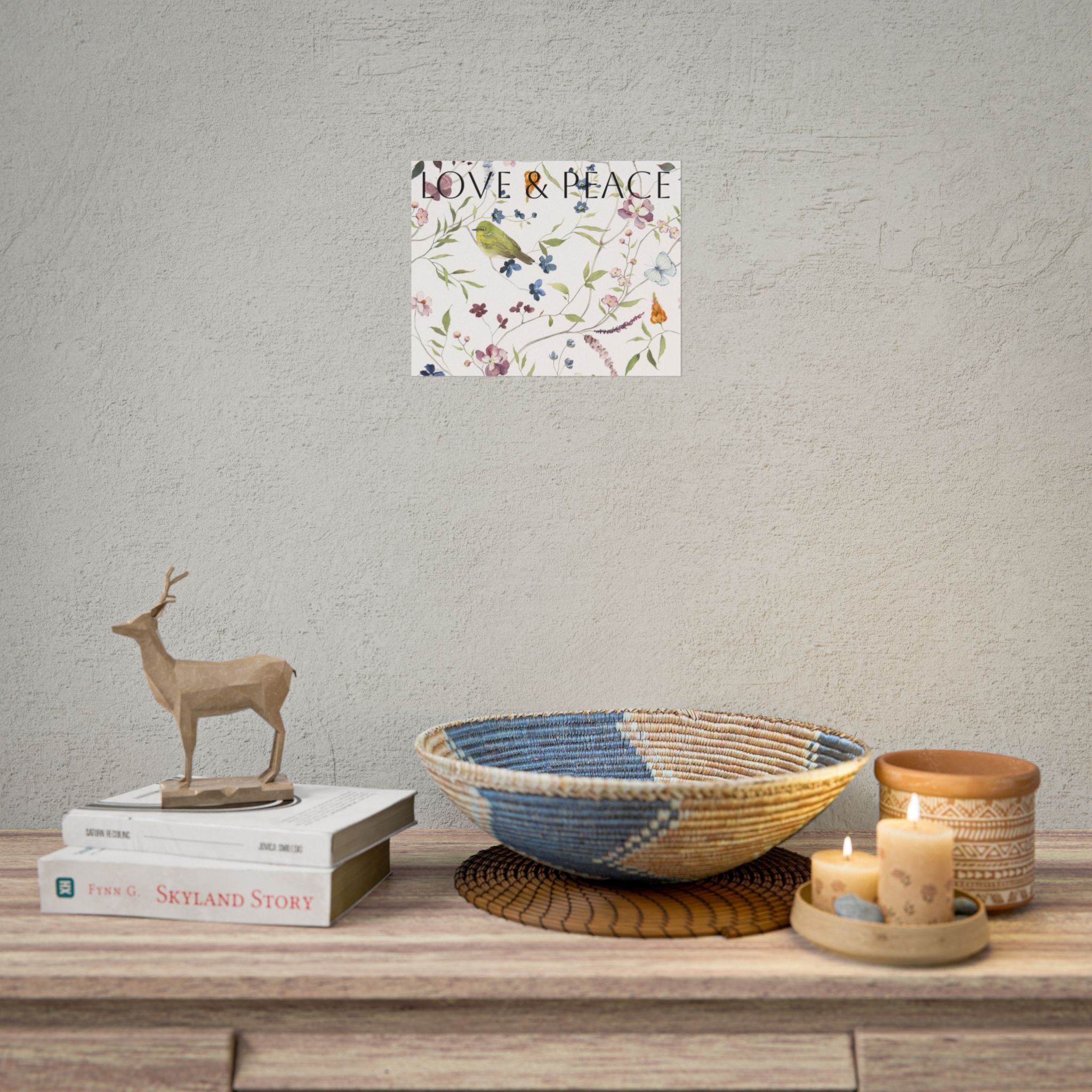 Love & Peace Floral Poster — Botanical Bird Wall Art (Rolled Poster)