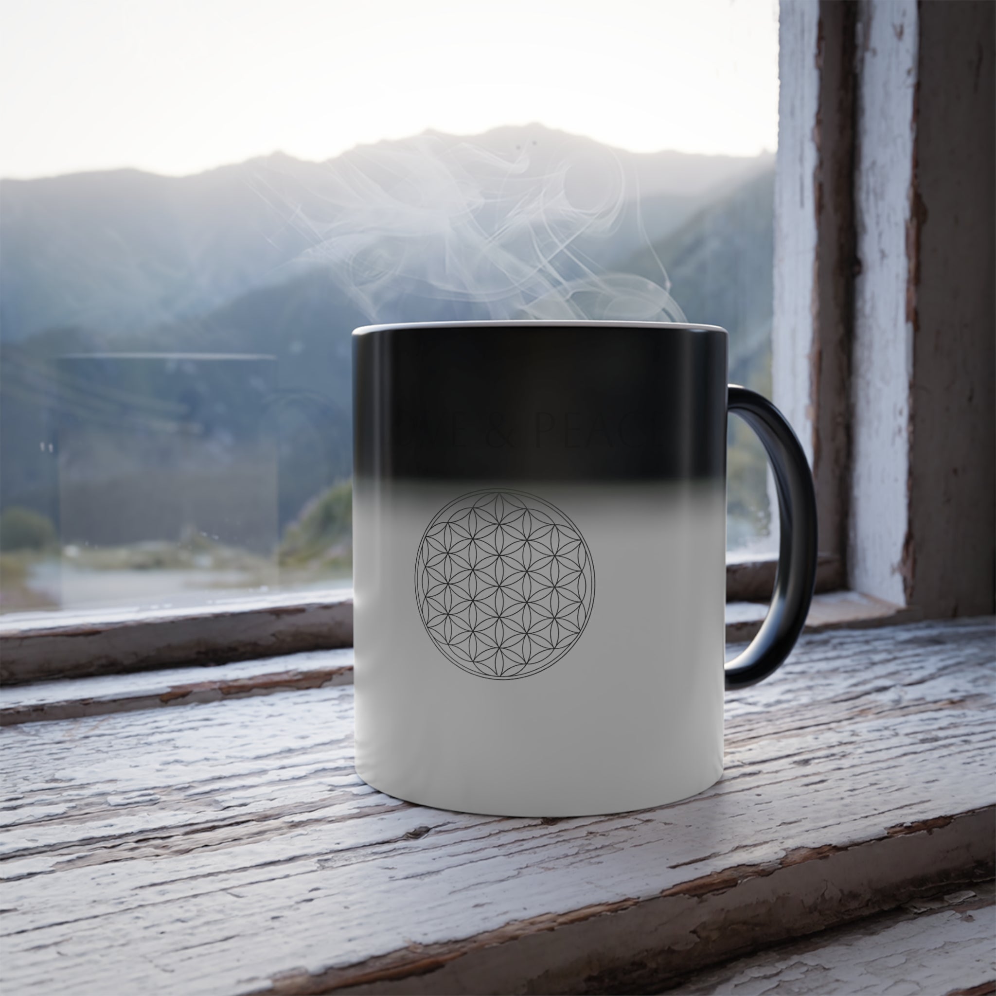 Color-Changing Mug — "Love & Peace" with Flower of Life Design