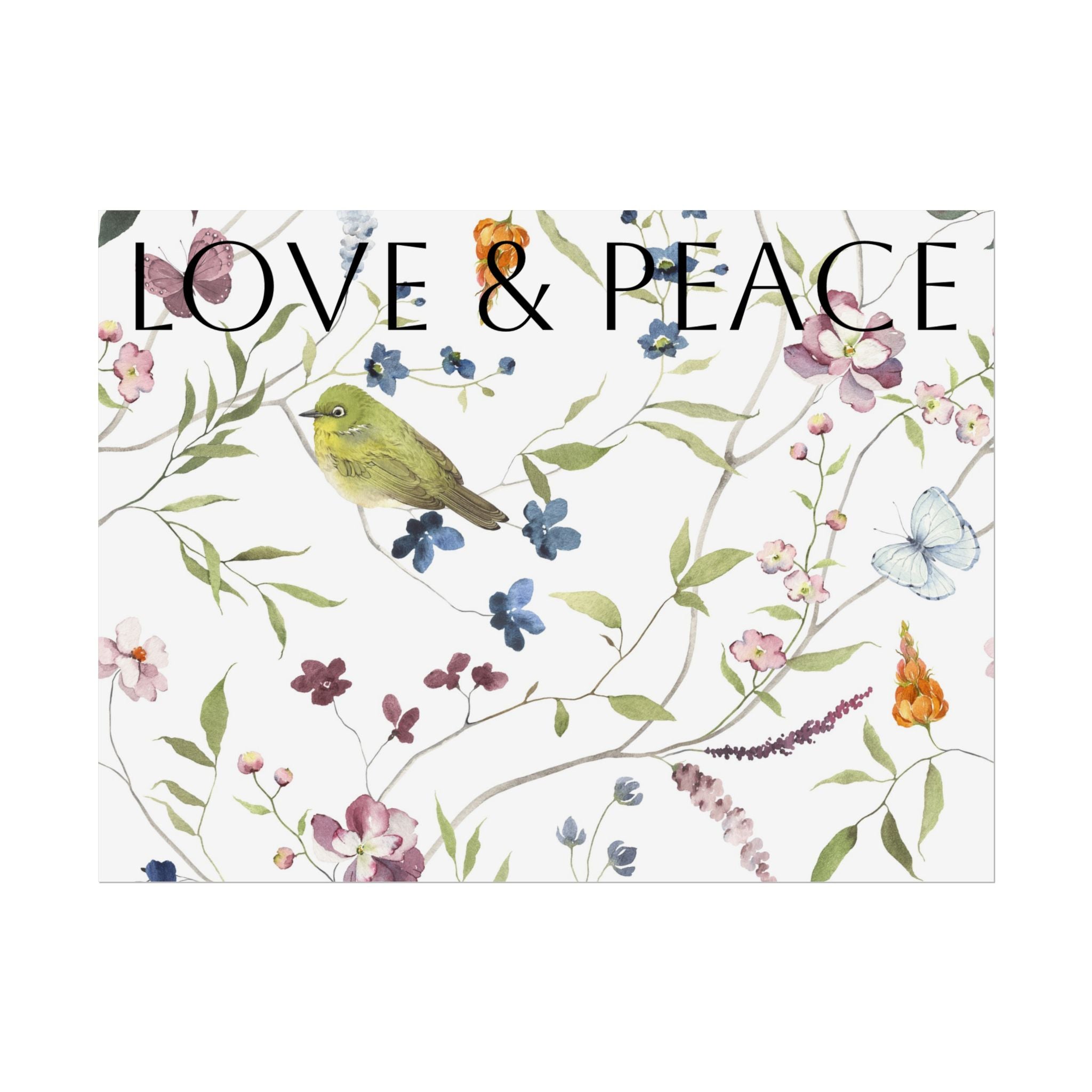 Love & Peace Floral Poster — Botanical Bird Wall Art (Rolled Poster)