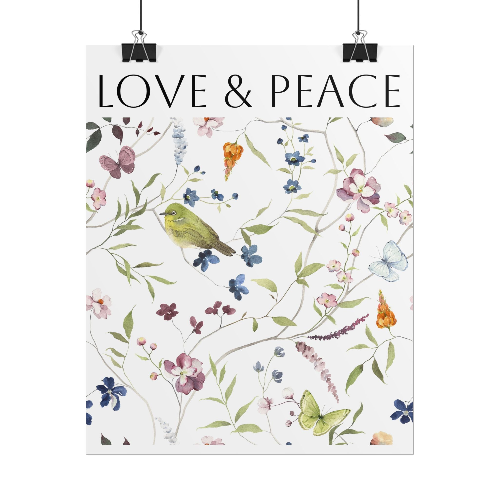 Love & Peace Floral Poster — Botanical Bird Wall Art (Rolled Poster)