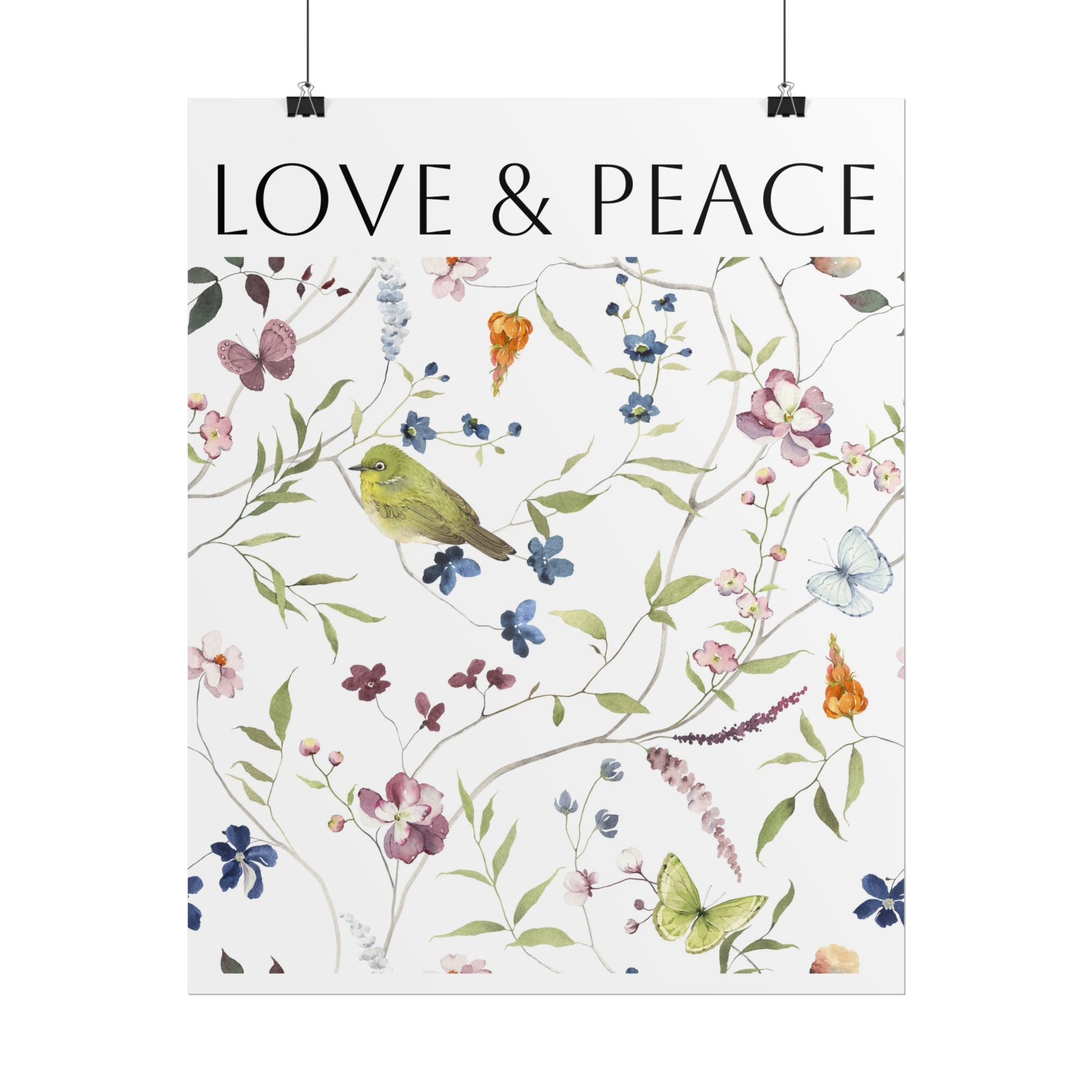 Love & Peace Floral Poster — Botanical Bird Wall Art (Rolled Poster)