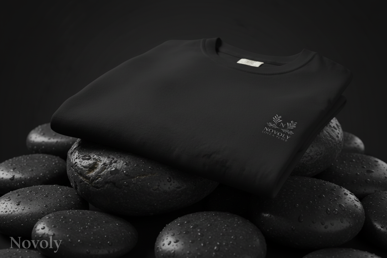 Black T-Shirt auf Steinen 1