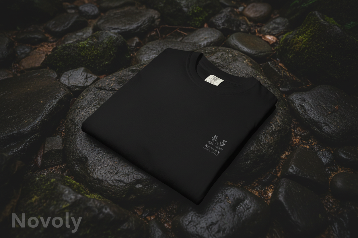 Black T-Shirt auf Steinen 2