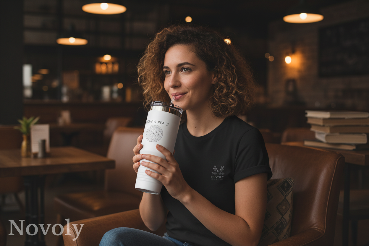 Frau mit Novoly Tumbler und schwarzem T-Shirt
